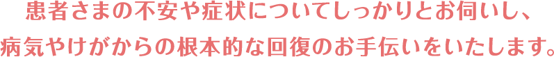 患者さまの不安や症状についてしっかりとお伺いし、病気やけがからの根本的な回復のお手伝いをいたします。